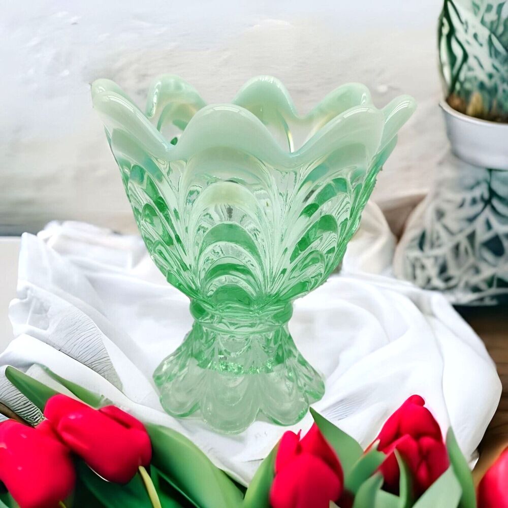 Fenton Green Opalescent Small Vase Drapery Two-Way Taper Votive Candle Holder